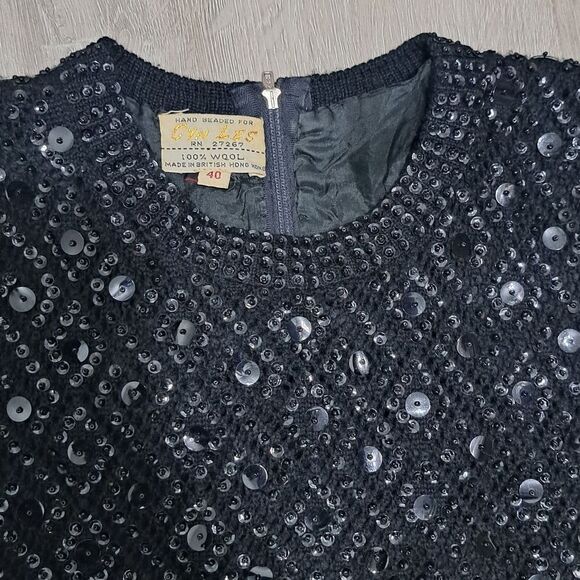 Vintage Cyn Les Wool Hand Beaded Sequin Sleeveless Top Size 40 Black - Picture 5 of 17